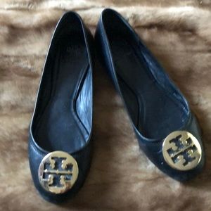 Tory Burch Leather Black Flats Gold Hardware Slip